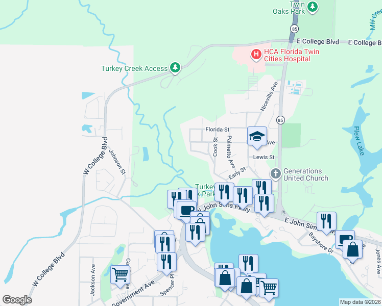 map of restaurants, bars, coffee shops, grocery stores, and more near 117 Big Oaks Lane in Niceville