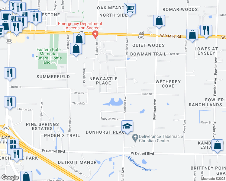 map of restaurants, bars, coffee shops, grocery stores, and more near 1453 Sturbridge PIace in Pensacola