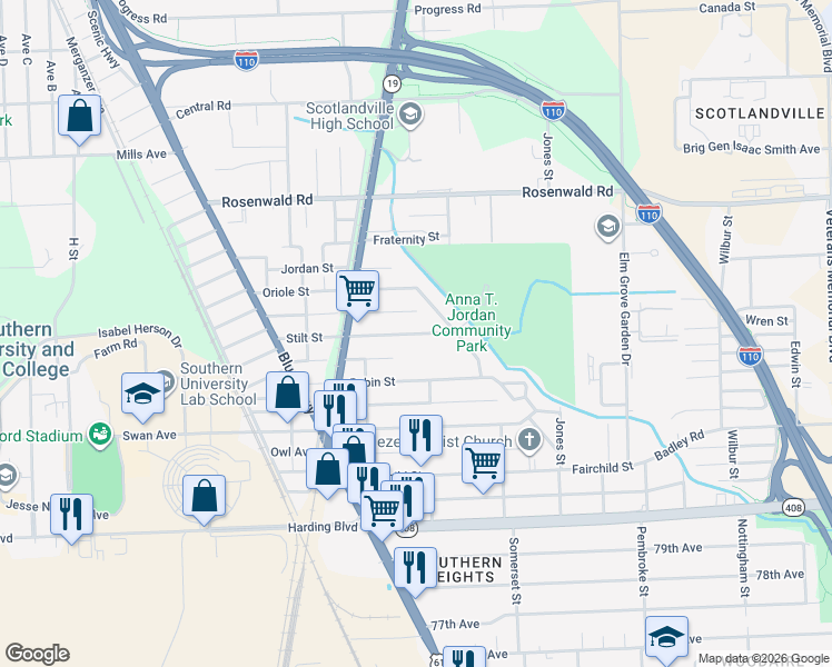 map of restaurants, bars, coffee shops, grocery stores, and more near 1572 Stilt Street in Baton Rouge