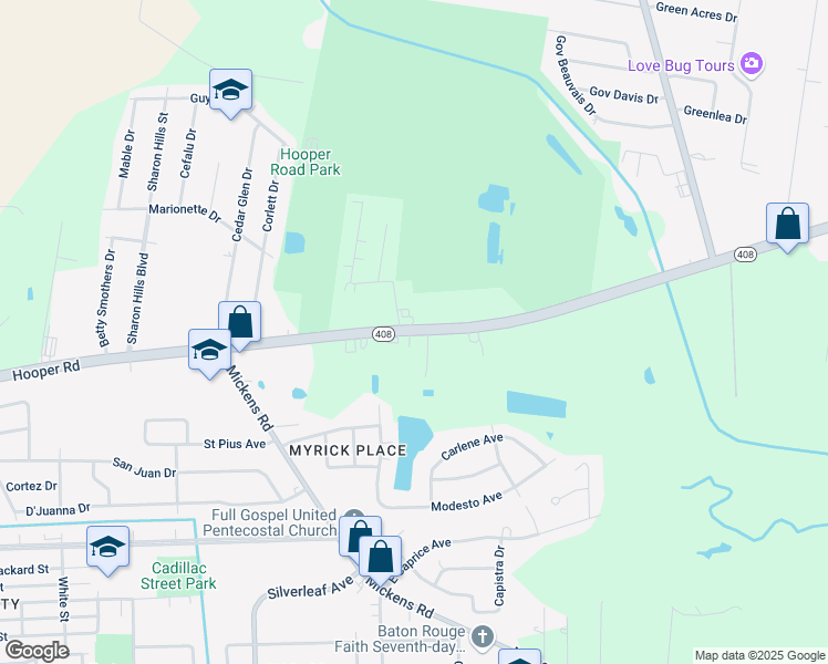 map of restaurants, bars, coffee shops, grocery stores, and more near Hooper Road in Baton Rouge