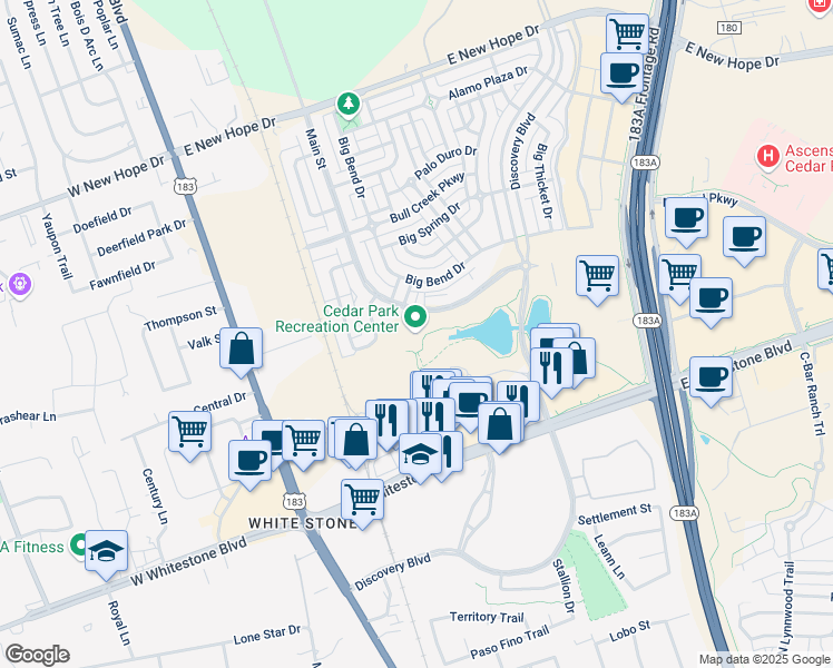 map of restaurants, bars, coffee shops, grocery stores, and more near 1435 Main Street in Cedar Park