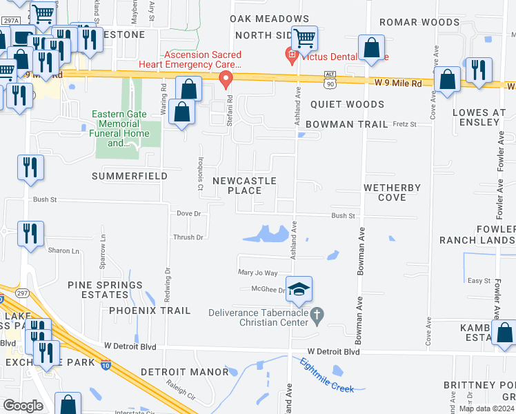 map of restaurants, bars, coffee shops, grocery stores, and more near 1471 Sturbridge PIace in Pensacola
