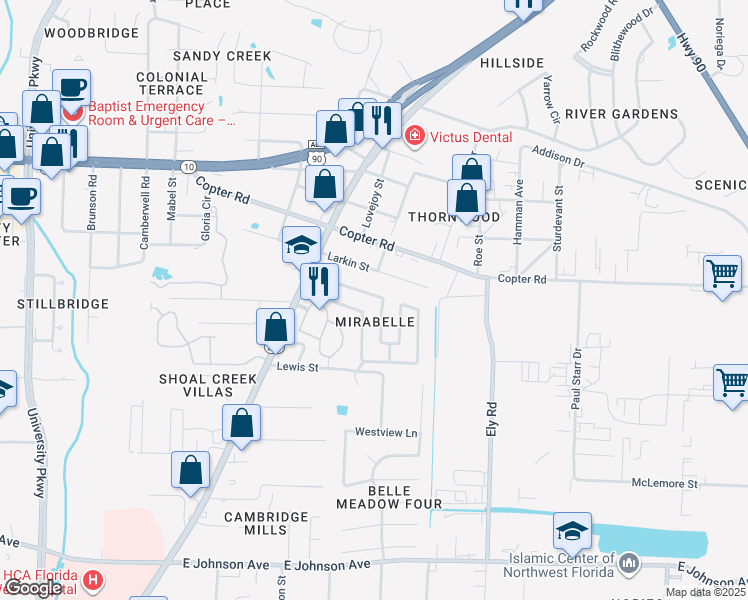 map of restaurants, bars, coffee shops, grocery stores, and more near 327 Mirabelle Drive in Pensacola