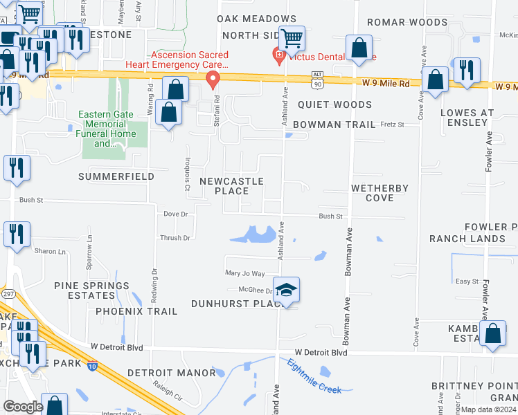 map of restaurants, bars, coffee shops, grocery stores, and more near 8813 Ridgebrook Court in Pensacola