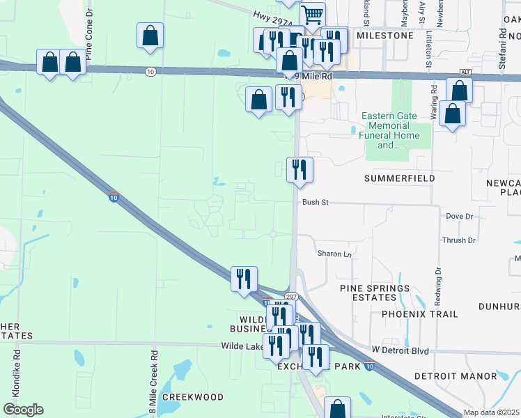 map of restaurants, bars, coffee shops, grocery stores, and more near 8861 Pine Forest Road in Pensacola