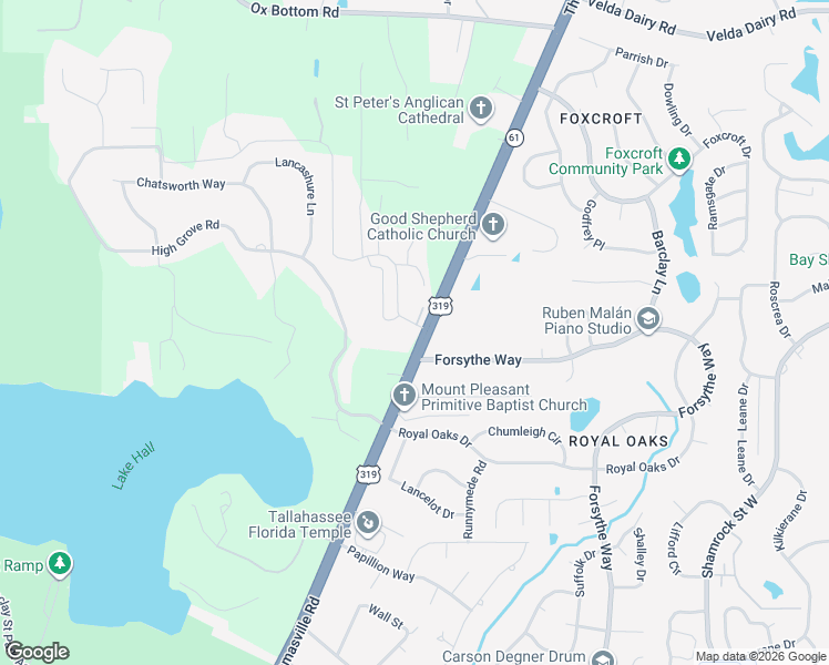 map of restaurants, bars, coffee shops, grocery stores, and more near 2351 Lake Hall Road in Tallahassee