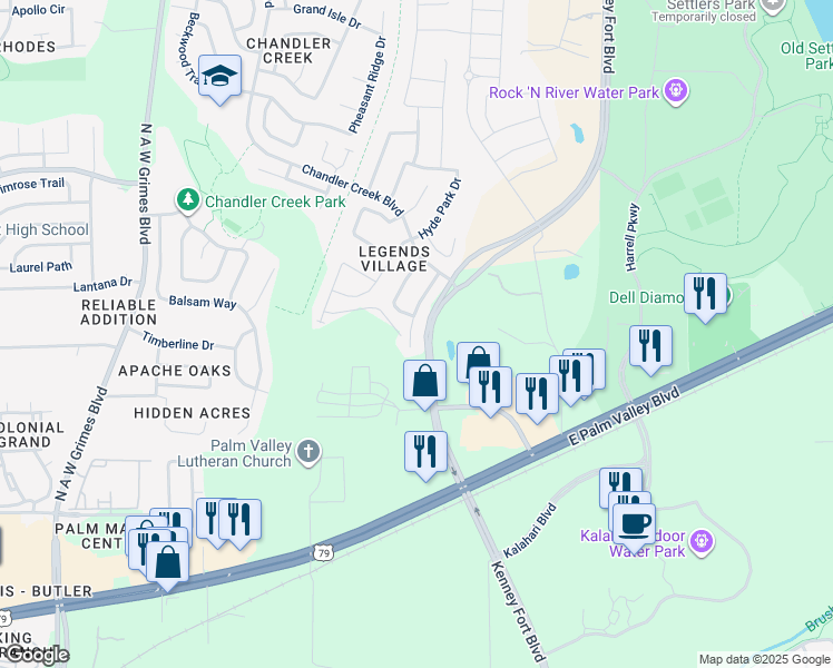 map of restaurants, bars, coffee shops, grocery stores, and more near 913 Brighton Place in Round Rock