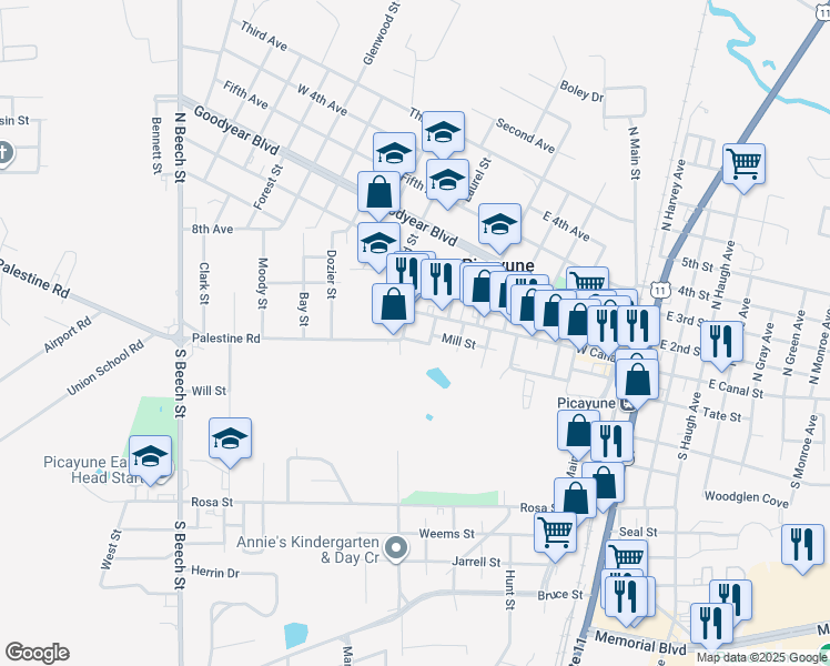 map of restaurants, bars, coffee shops, grocery stores, and more near 803 Wisteria Lane in Picayune