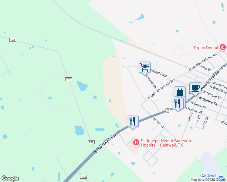 map of restaurants, bars, coffee shops, grocery stores, and more near 1806 State Highway 21 West in Caldwell