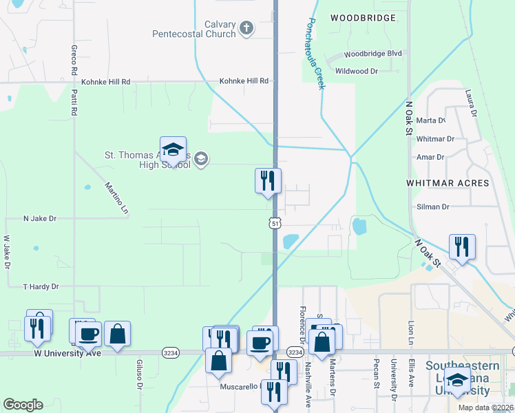 map of restaurants, bars, coffee shops, grocery stores, and more near 14604 West David Drive in Hammond