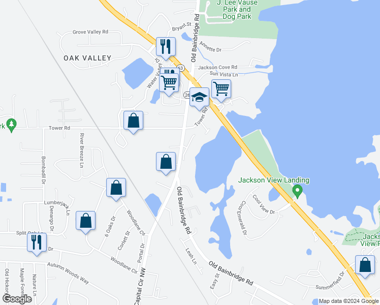 map of restaurants, bars, coffee shops, grocery stores, and more near 5415 Sombra Del Lago Drive in Tallahassee