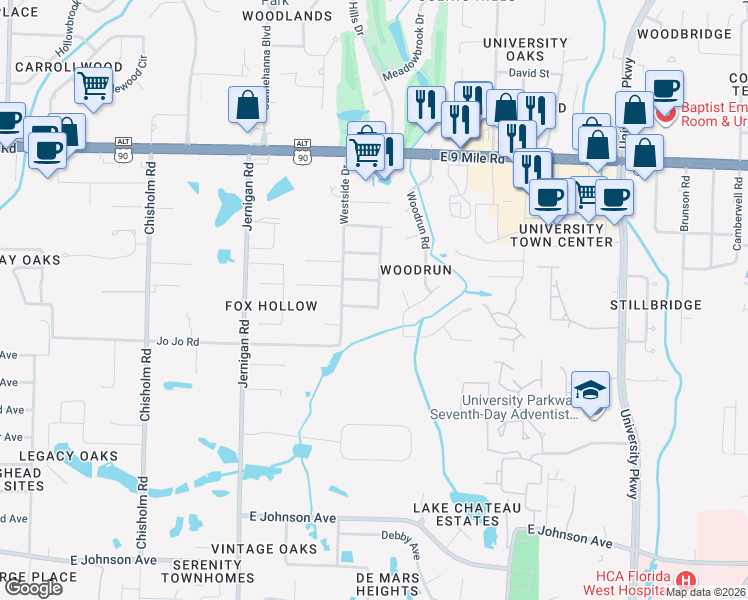 map of restaurants, bars, coffee shops, grocery stores, and more near 1510 Rivers Street in Pensacola