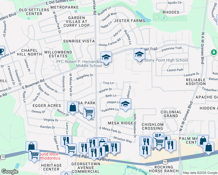 map of restaurants, bars, coffee shops, grocery stores, and more near 1301 Wayne Drive in Round Rock
