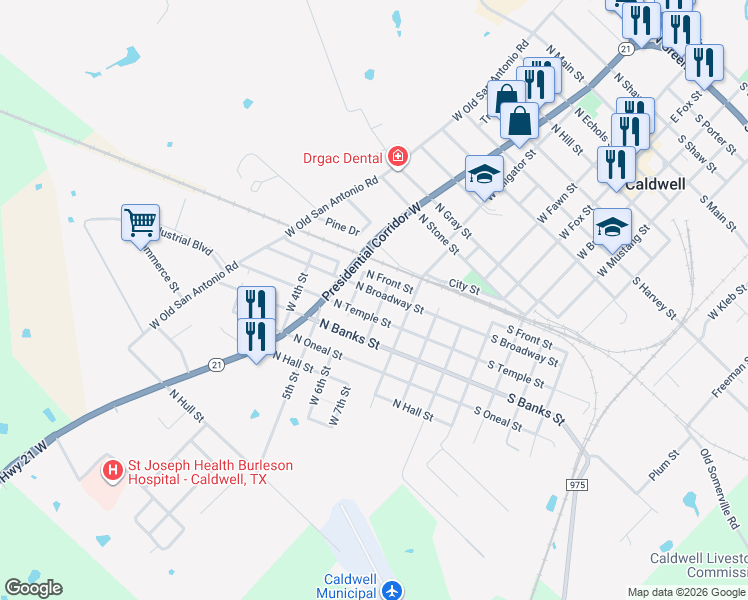 map of restaurants, bars, coffee shops, grocery stores, and more near 504 North Temple Street in Caldwell