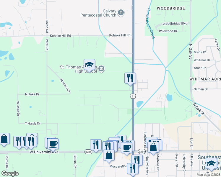 map of restaurants, bars, coffee shops, grocery stores, and more near 14562 West David Drive in Hammond