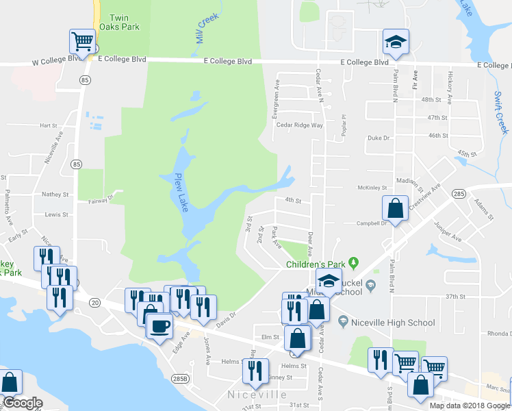 map of restaurants, bars, coffee shops, grocery stores, and more near 139 3rd Street in Niceville