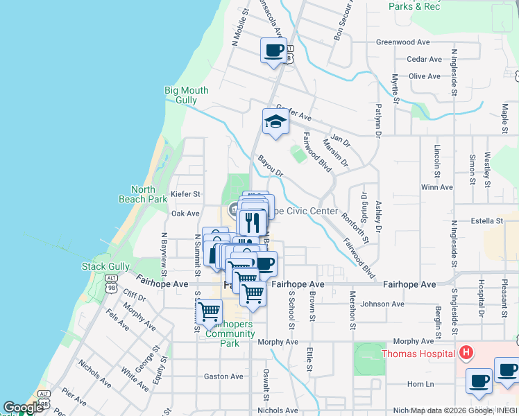 map of restaurants, bars, coffee shops, grocery stores, and more near 404 Oak Street in Fairhope