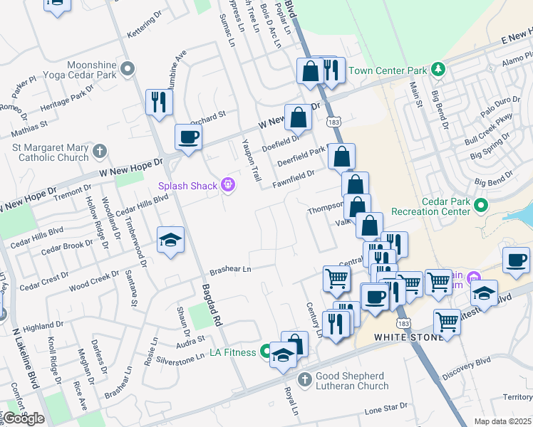 map of restaurants, bars, coffee shops, grocery stores, and more near 1713 Deodara Drive in Cedar Park