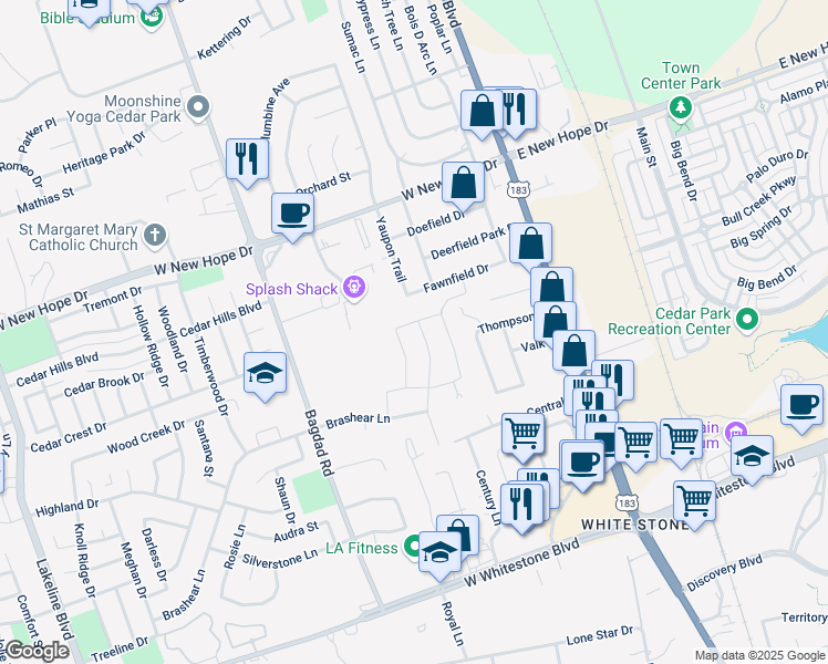 map of restaurants, bars, coffee shops, grocery stores, and more near 1704 Atlas Road in Cedar Park