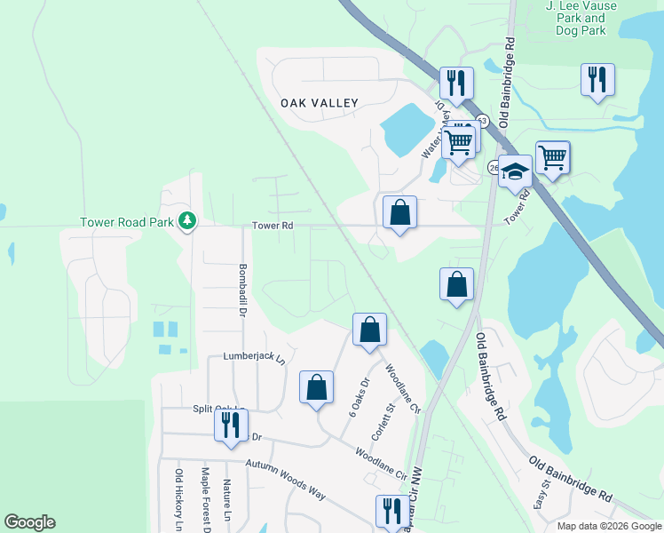 map of restaurants, bars, coffee shops, grocery stores, and more near 4962 Woodlane Circle in Tallahassee