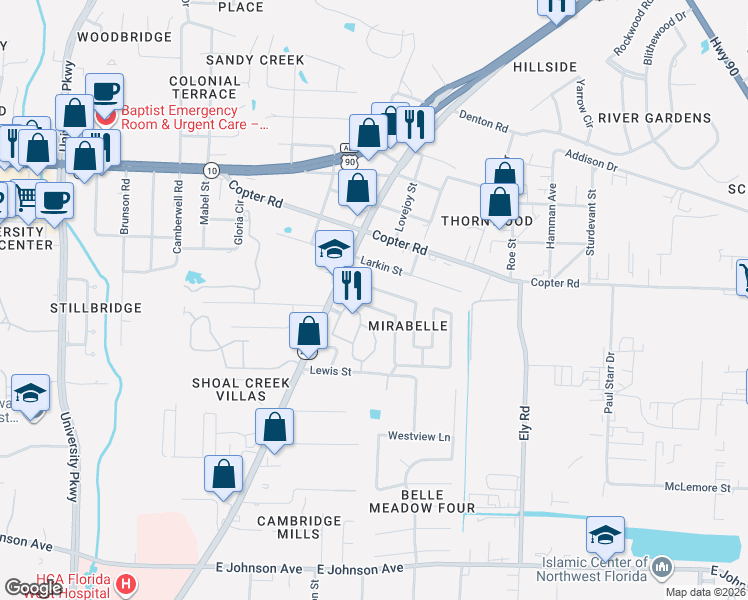 map of restaurants, bars, coffee shops, grocery stores, and more near 8990 North Davis Highway in Pensacola