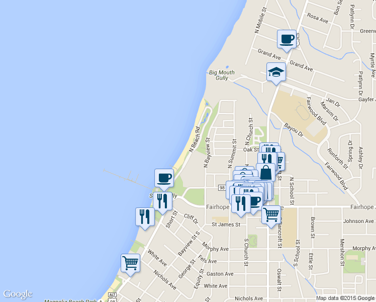 map of restaurants, bars, coffee shops, grocery stores, and more near Fairhope Park Road in Fairhope