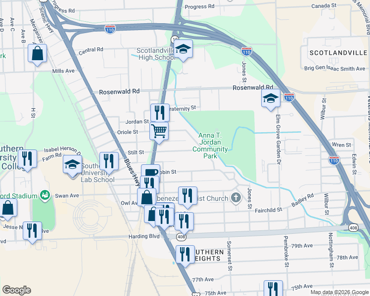 map of restaurants, bars, coffee shops, grocery stores, and more near 1572 Stilt Street in Baton Rouge