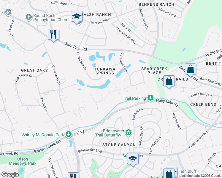 map of restaurants, bars, coffee shops, grocery stores, and more near 1800 Sun Lake in Round Rock