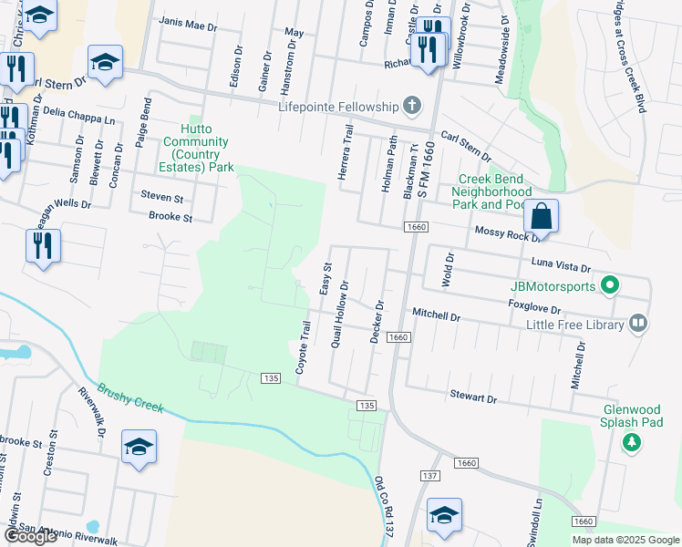map of restaurants, bars, coffee shops, grocery stores, and more near 404 Quail Hollow Drive in Hutto