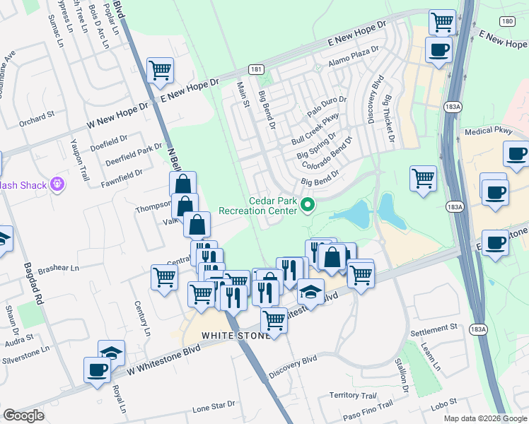 map of restaurants, bars, coffee shops, grocery stores, and more near 1405 Davis Mountain Loop in Cedar Park