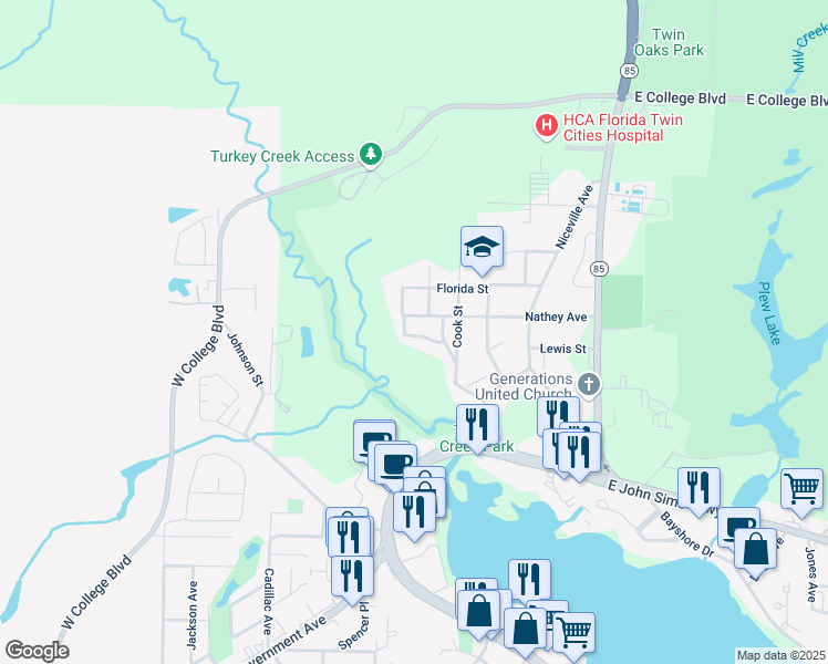 map of restaurants, bars, coffee shops, grocery stores, and more near 126 Big Oaks Lane in Niceville