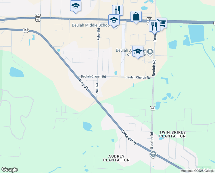 map of restaurants, bars, coffee shops, grocery stores, and more near 5985 Beulah Church Road in Pensacola