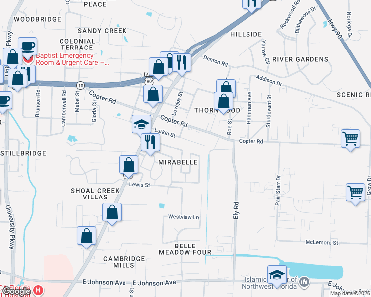 map of restaurants, bars, coffee shops, grocery stores, and more near 394 Mirabelle Drive in Pensacola