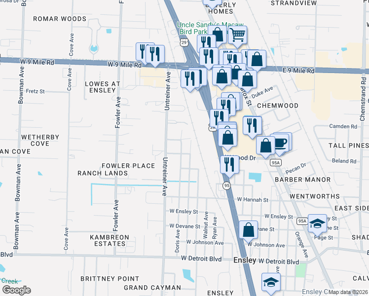 map of restaurants, bars, coffee shops, grocery stores, and more near 8830 Figland Avenue in Pensacola