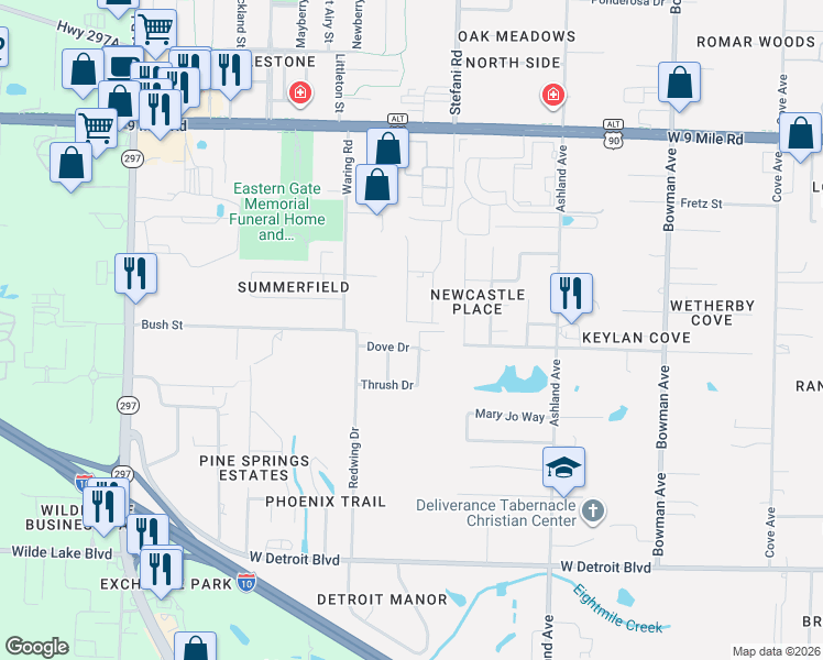 map of restaurants, bars, coffee shops, grocery stores, and more near 8750 Wren Drive in Pensacola