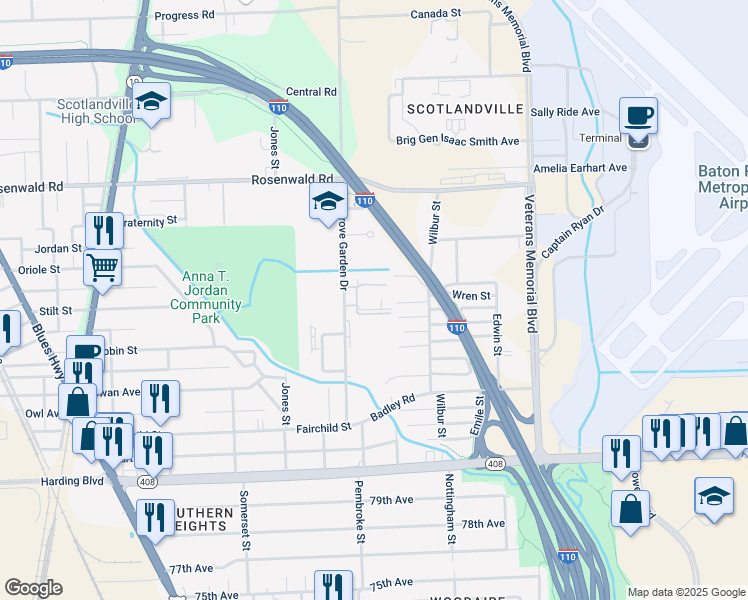 map of restaurants, bars, coffee shops, grocery stores, and more near 8772 Elm Grove Garden Drive in Baton Rouge