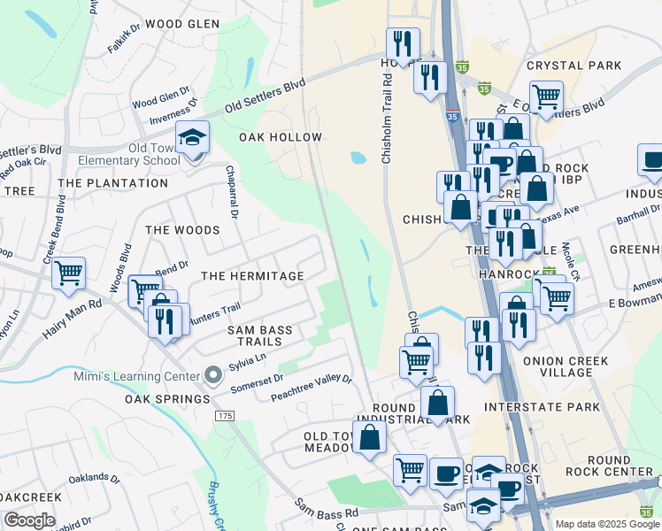 map of restaurants, bars, coffee shops, grocery stores, and more near 1503 Latigo Trce in Round Rock