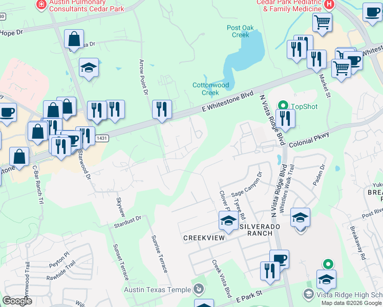 map of restaurants, bars, coffee shops, grocery stores, and more near 2003 Colina Cove in Cedar Park