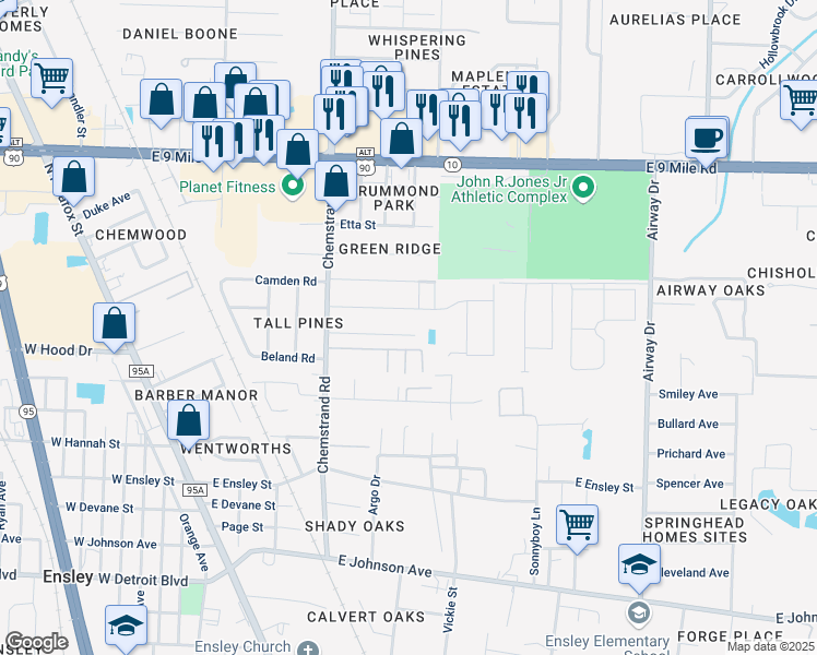 map of restaurants, bars, coffee shops, grocery stores, and more near 290 Kaylyn Road in Pensacola