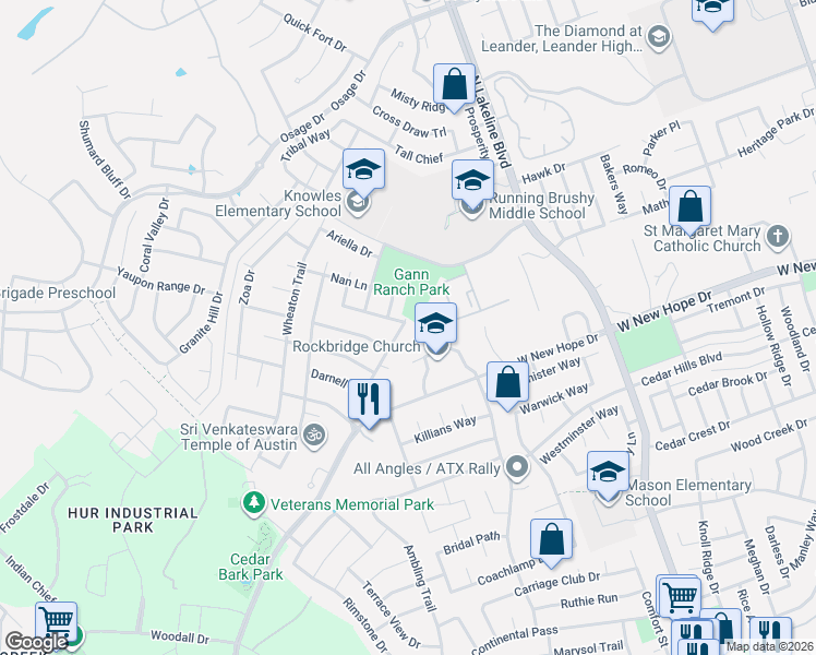 map of restaurants, bars, coffee shops, grocery stores, and more near 2110 East Gann Hill Drive in Cedar Park