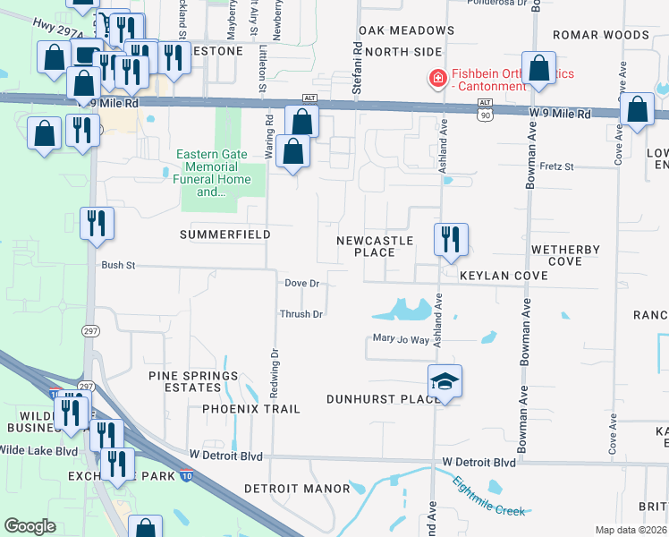 map of restaurants, bars, coffee shops, grocery stores, and more near 8796 Quail Drive in Pensacola