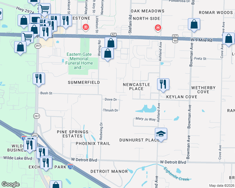 map of restaurants, bars, coffee shops, grocery stores, and more near 8750 Wren Drive in Pensacola