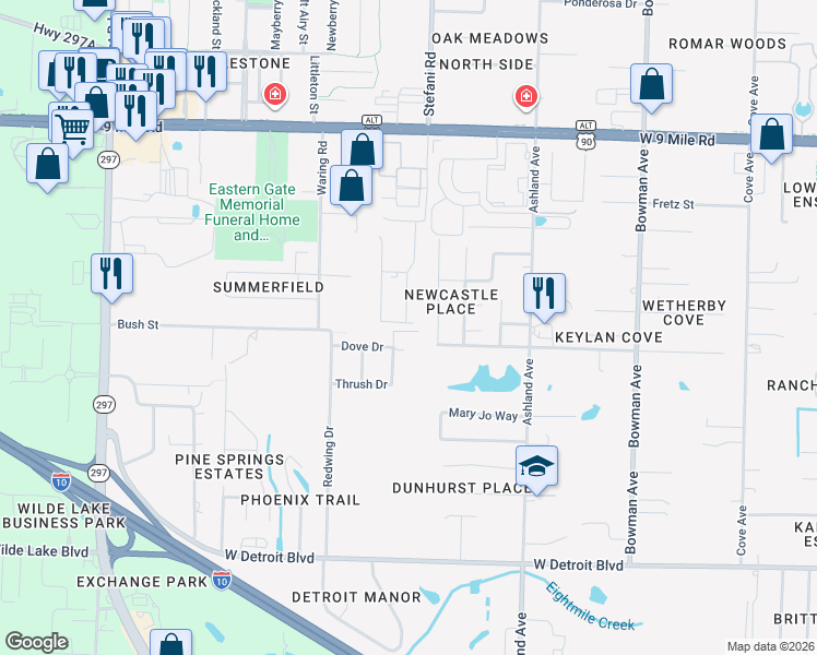 map of restaurants, bars, coffee shops, grocery stores, and more near 8873 Brigade Trail in Pensacola