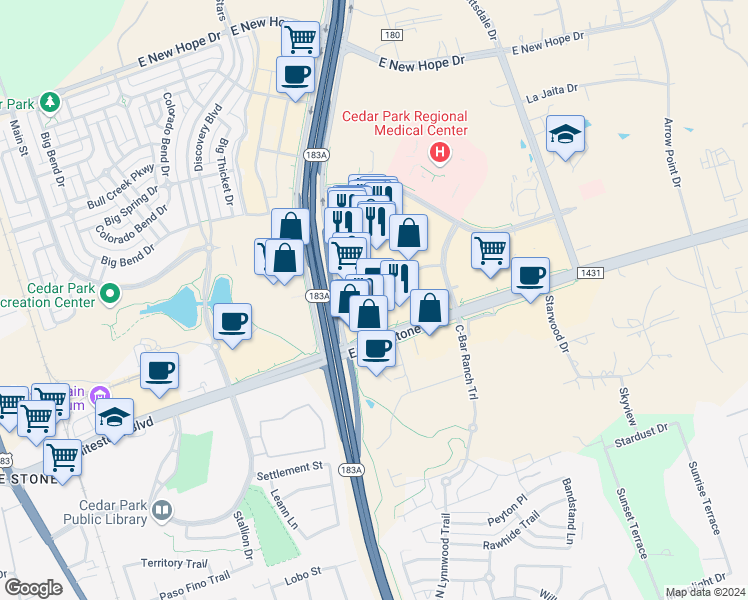 map of restaurants, bars, coffee shops, grocery stores, and more near 1335 East Whitestone Boulevard in Cedar Park