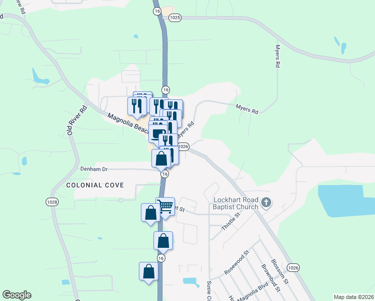 map of restaurants, bars, coffee shops, grocery stores, and more near 8064 Lockhart Road in Denham Springs