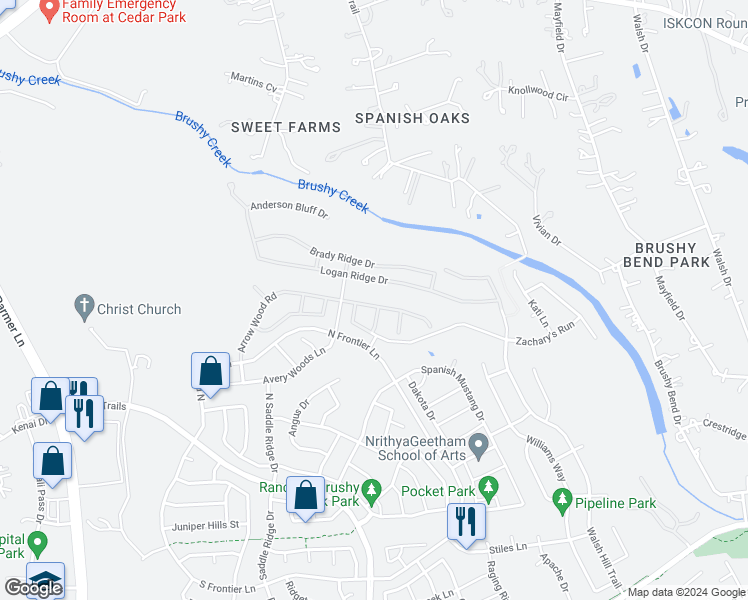 map of restaurants, bars, coffee shops, grocery stores, and more near 4108 Logan Ridge Drive in Round Rock