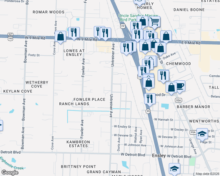 map of restaurants, bars, coffee shops, grocery stores, and more near 8965 Untreiner Avenue in Pensacola