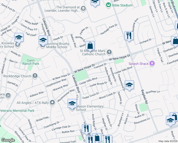 map of restaurants, bars, coffee shops, grocery stores, and more near 1306 Tremont Drive in Cedar Park