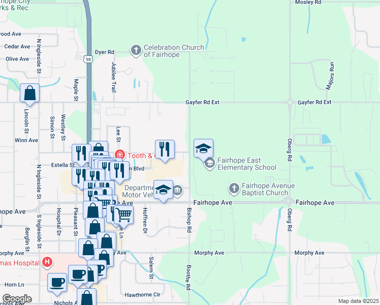 map of restaurants, bars, coffee shops, grocery stores, and more near Bishop Road in Fairhope
