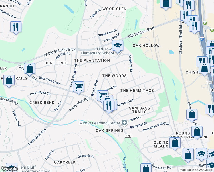 map of restaurants, bars, coffee shops, grocery stores, and more near 1809 Gray Oak Drive in Round Rock